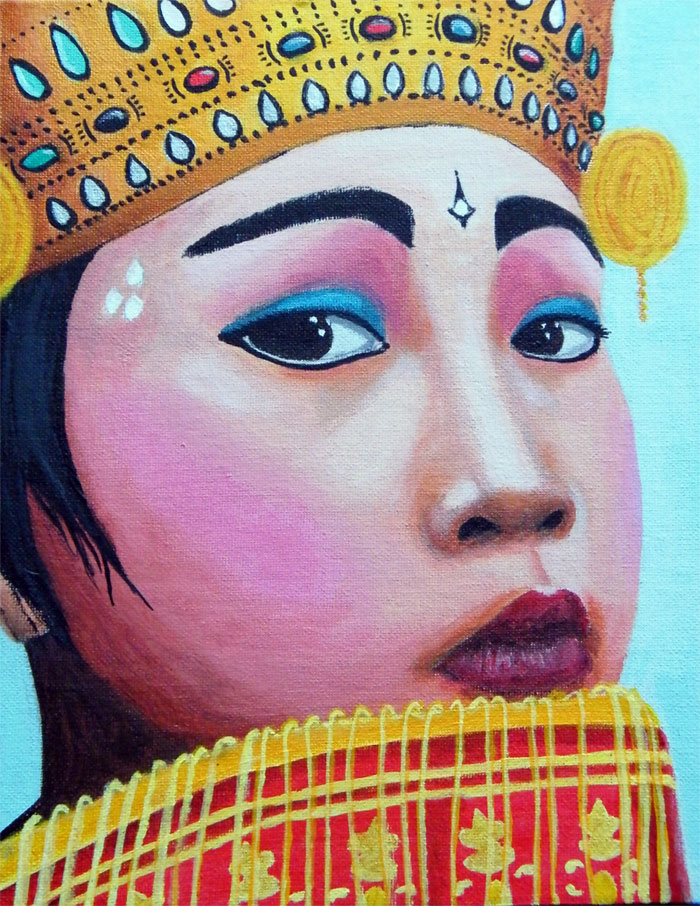 portret van een traditioneel chinees meisje geschilderd op doek doek met acrylverf tijdensschildercursus bij Atelier van Biesbergen