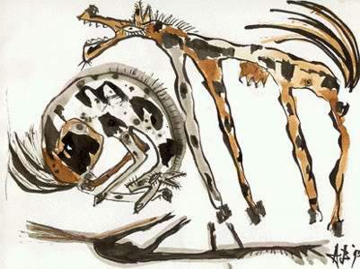 inkt/guouche op papier van kunstenares Annelies van Biesbergen crazy horses