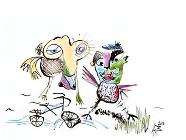 inkt/guouche op papier van kunstenares Annelies van Biesbergen  vreemde fiets