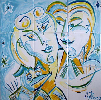 Stel met hond, tegeltableau   2002 EU 350,- 