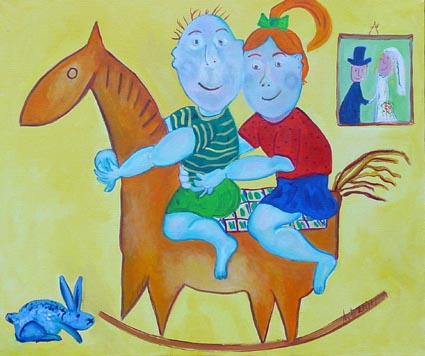 hobbelpaard met twee kindernkraamkado.html kinderen op een hobbelpaard schilderijtje