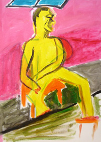 naaktmodelschilderen naar naaktmodel, een aantal deelnemers zijn druk bezig goed naar het model te kijken en dit om te zetten naar een doek met acryl verf het doek is klaar