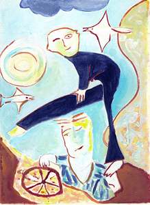 schilderij ban een figuur met blote voeten op wandelend naar de maan