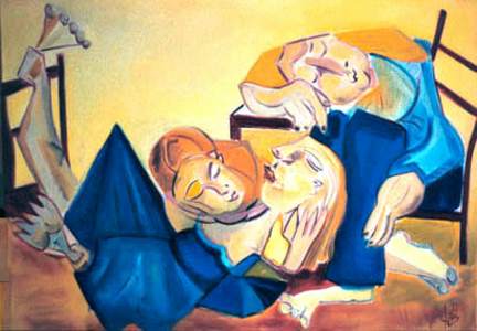 slapende familie, olieverf op doek, 100 x 70 cm 1999