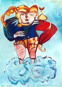 Vrouw in de wolken, 2000     acrylverf op papier/doek 140 x 100 cm